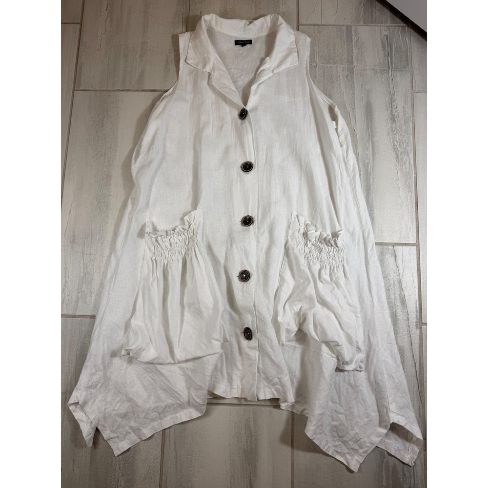 Athena Marie White 100% Linen Sleeveless‎ Lagenlook Tunic Shirt XL Asymmetrical
